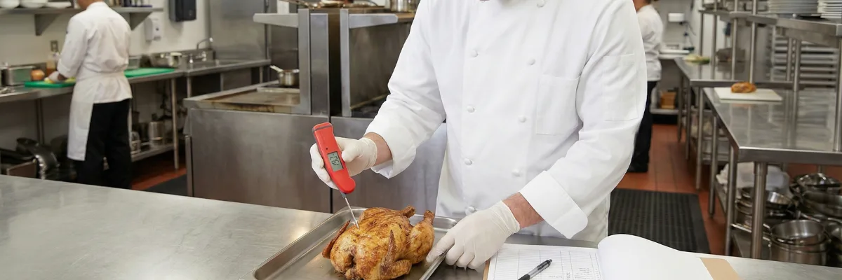 A professional Chef utilizing a calibrated digital probe to verify the internal core temperature of poultry, ensuring a 6-log reduction of pathogens for HACCP compliance.